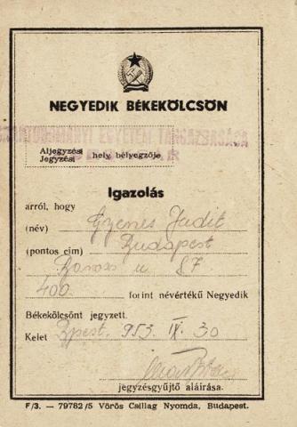 Igazolás a Negyedik Békekölcsön jegyzéséről, 1953