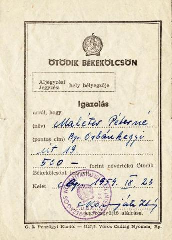 Igazolás az Ötödik Békekölcsön jegyzéséről, 1954