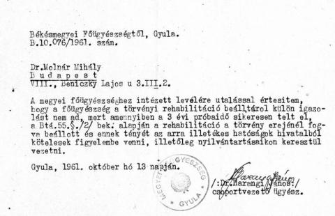 Válaszlevél Molnár Mihály kérelmére a rehabilitációja ügyében a Békésmegyei Főügyészségtől, 1961